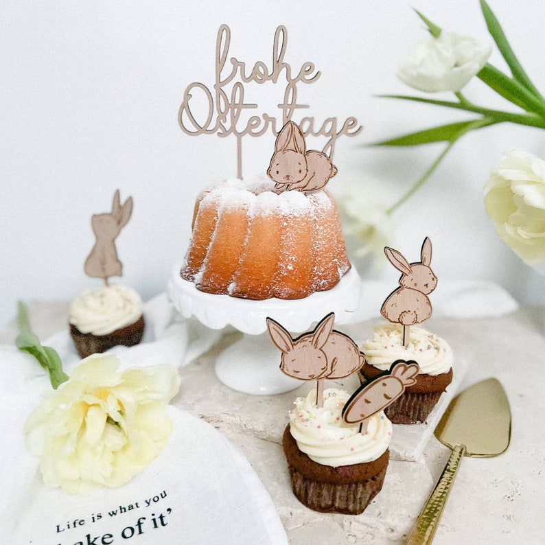 Mini Cake Topper Set 4 Häschen 1 Karotte aus Holz Bild 6