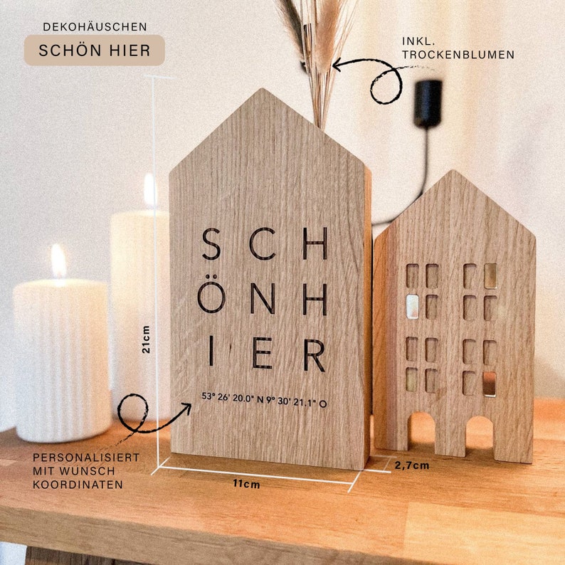 Personalisiertes Deko Häuschen aus Holz Schön Hier mit Koordinaten und Trockenblumen Bild 3