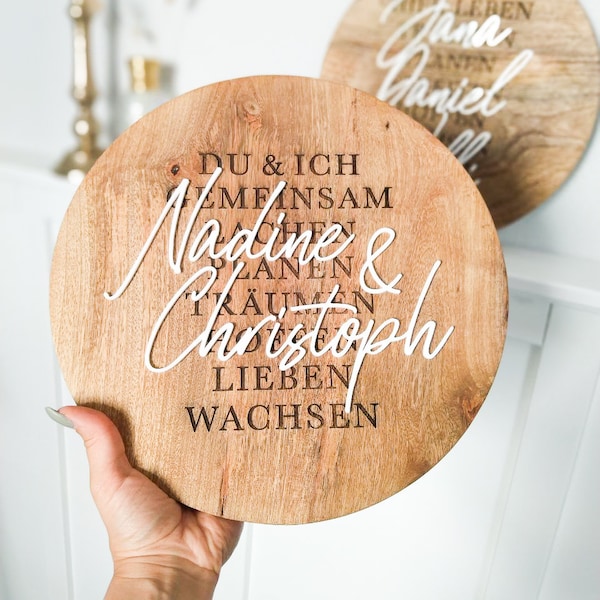 Holzschild mit Spruch und 3D Namen in Rund "Du & Ich" | Hochzeitsgeschenk | Familienschild | Geschenk zum Einzug | personalisiert