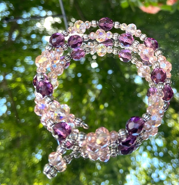 Amethyst and glass bead memory wire bracelet and earring set