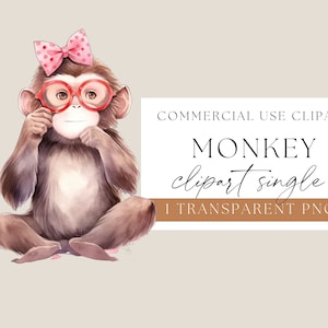 Cute Baby Monkey Clipart, Watercolor Monkey Wearing Glasses, Adorable Monkey Clip Art, Monkey PNG, Jungle baby, Wild One clipart, WPCS-A65