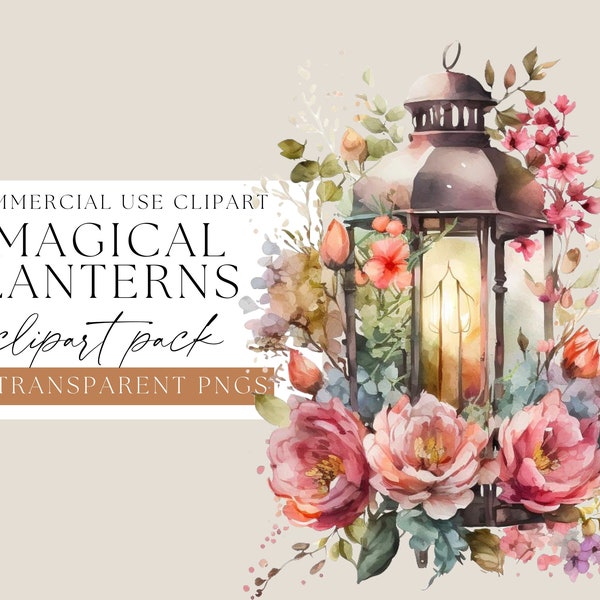 Magical lantern with florals clipart, Romantic watercolor lanterns, Flower clipart, design elements, transparent png clipart