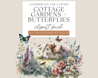 Cottage Garden with Butterflies Clipart Pack, Butterfly scenery Pack, Transparent PNGs, Butterfly Clip art, Watercolor cottage scenery