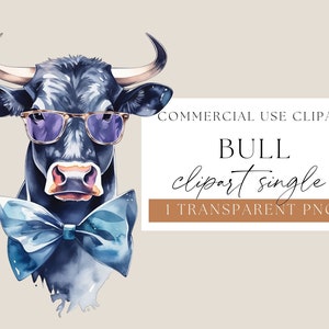 Instant Download, Watercolor Clipart, Bull Wearing Glasses, Watercolour Bull, Farm Animal Png, Sublimation Designs, Bull Graphics, WPCS-A12