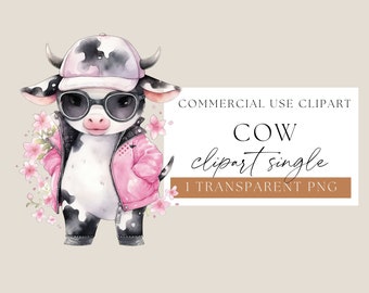 Cute Cow Dress in Pink, Cute Cow Clipart, Cow Scrapbook Image, Farm Animal Png, Watercolor Cow, Watercolour Clip Art, Cow Cartoon, WPCS-A37