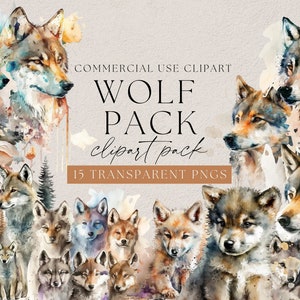 Watercolor Wolf Pack Clipart, Commercial use images, Transparent Wolves PNGs,  Dog and her pups, Wild Animal Clip art