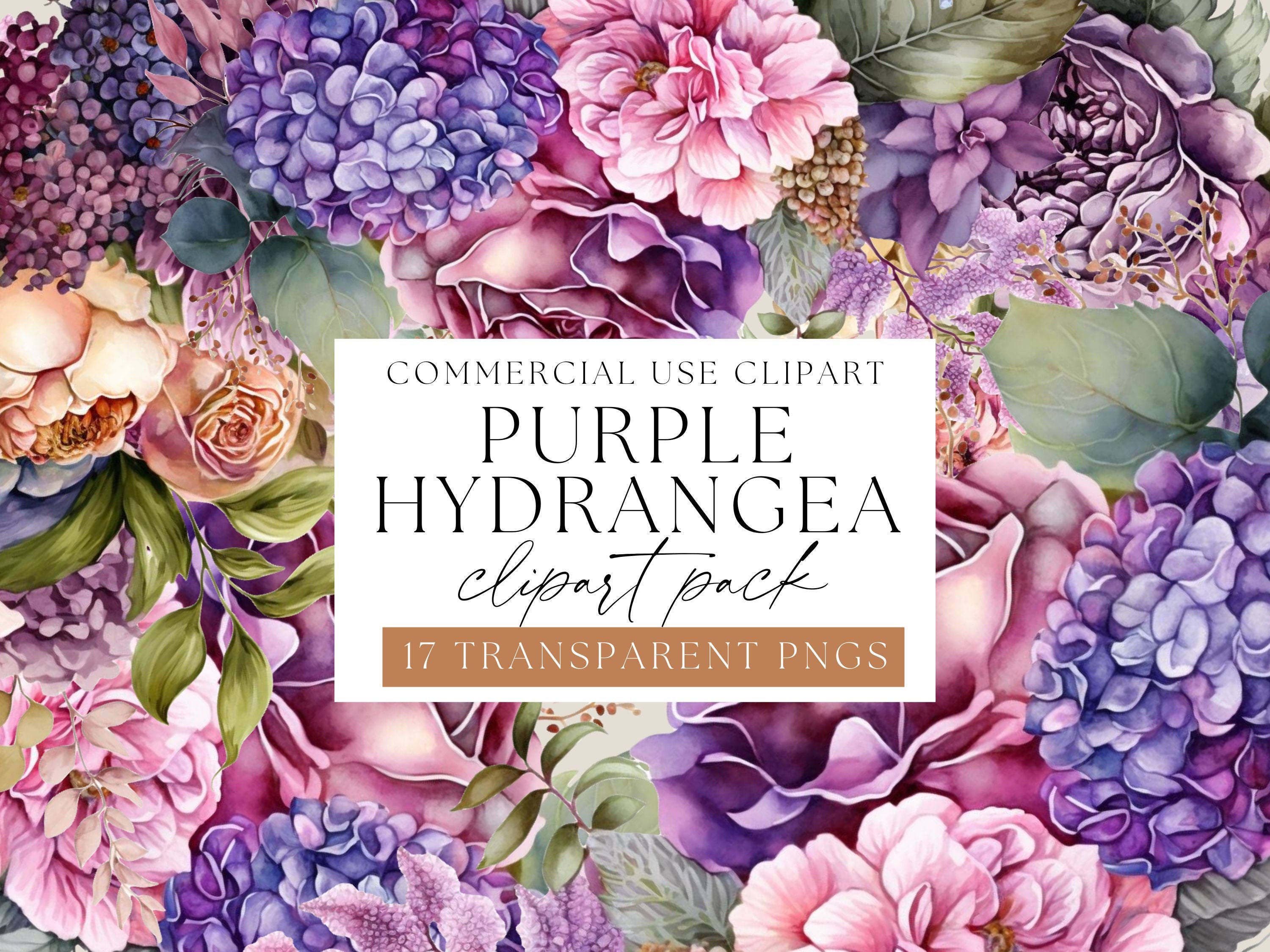 Purple Hydrangea Bouquets Clipart Pack, Purple Florals Pack