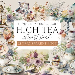 Clipart High Tea, impostazione tavola Hightea, clip art festa della mamma per uso commerciale, PNG trasparenti, clipart vintage per l'impostazione del tè