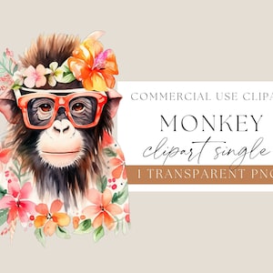 Monkey watercolour clipart, Monkey Wearing Glasses, chimpanzee clipart, funny animal clip art, tropical theme, WPCS-A64