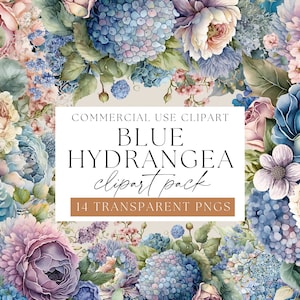 Blue Hydrangea Bouquets Clipart Pack, Blue Florals Pack, Transparent PNGs, Soft Blue Flowers Clip art, Watercolor Florals