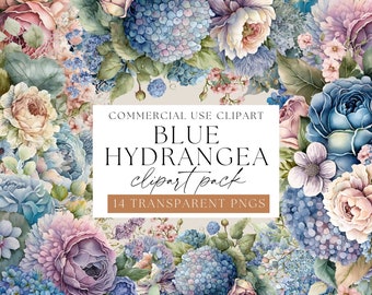 Blue Hydrangea Bouquets Clipart Pack, Blue Florals Pack, Transparent PNGs, Soft Blue Flowers Clip art, Watercolor Florals