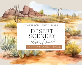 Desert Watercolor Clipart, Scenery Transparent PNGs, Desert with cactus Backgrounds, Watercolour Scenery, Commercial Use, Mexican clipart