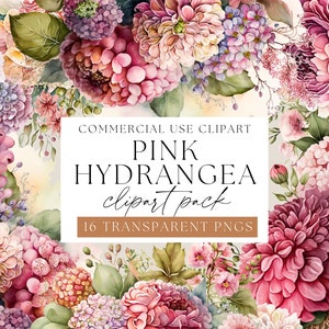 Pacote de clipart de buquês de hortênsias rosa, pacote de florais rosa, PNGs transparentes, clipart de flores rosa suaves, florais em aquarela