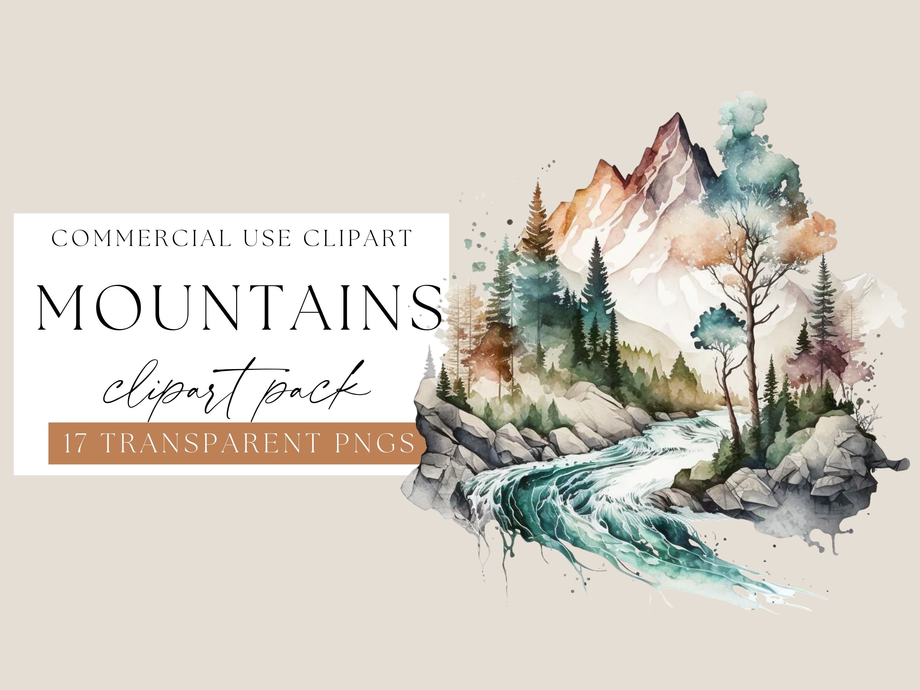 Mountain Watercolor Clipart, Scenery Transparent PNGs, Mountains and Streams, Hiking Backgrounds, Watercolour Scenery, Commercial Use