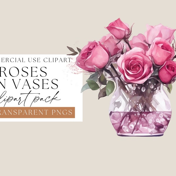 Pink Rose Bouquets in vases clipart, Transparent PNGs, flowers in vases Clip art, Watercolor Floral, Mothers Day flowers