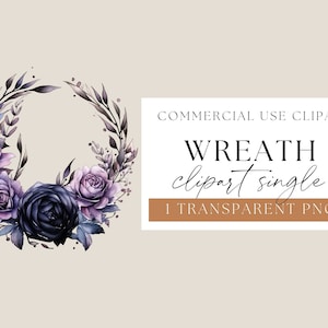 Gothic Blumenkranz Clipart, schwarze Blume Herzstück, lila Blumen & Grün, dunkel schwermütig Valentinstag, transparente PNG, WPS-W51