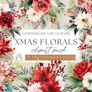 Christmas Florals Clipart, Transparent PNGs, Xmas Clip art, Watercolor Christmas Flowers, Red white and green florals