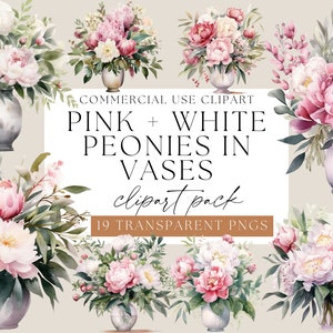Rosa und weiße Pfingstrosen in Vasen Clipart, transparente PNGs, Pfingstrose Blume ClipArt, Aquarell Blumen, Muttertagsblumen, Hochzeitsblumen