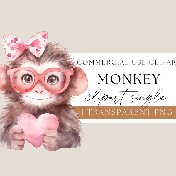 Cute Monkey with Pink Heart, Valentine's Day Clip Art, Watercolor Animal Clipart, Adorable Love Theme Image, Perfect for Crafts, WPCS-SE31