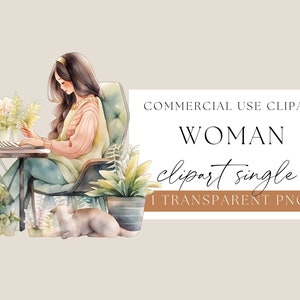 Donna seduta con il computer, donna d'affari, donna che lavora, clipart acquerello, clipart laptop, clipart home office, donna Png, WPCS-P06