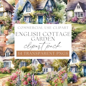 English Cottage Garden, Country cottage, Village garden, Watercolor cottage, Cottage clipart, Country garden, English village,  WPC-SC01