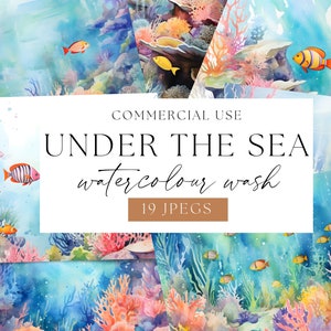 Bajo el fondo de la acuarela del mar, papel digital de arrecife de coral, fondo del océano profundo, jpegs de uso comercial de papel digital submarino, WPC-T10