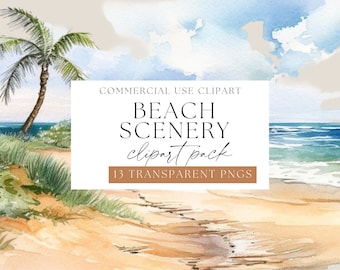 Beach watercolor clipart, Ocean Backgrounds, Waves and beach Watercolour Scenery, beach transparent images, beach clip art, Commercial Use