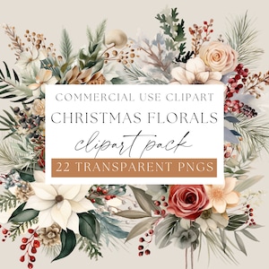 Clipart floral de Natal, clipart de flores de Natal, vegetação de inverno, flores de inverno, buquês de aquarela, PNG transparente, WPC-F05