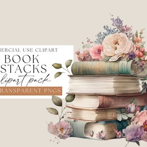 Bookworm Reading Watercolor Clipart, Book stack with flowers, Books Bundle PNG, Kids reading books, clipart for reading tracker or planner
