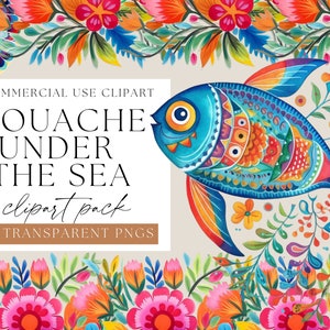 Ocean Animals Clipart, Gouache under the sea, Transparent PNGs, Sea Clip art, Watercolor Clipart, Sea Turtle, Whales, Dolphins, Octopus