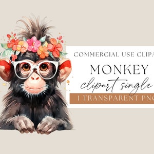 Cute Monkey Wearing Glasses and flowers watercolor clipart, Adorable Monkey clip art, Watercolour Monkey with flower crown, WPCS-A63