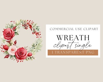 Romantic Rose Watercolour Floral Wreath Clipart, Red Rose Watercolour Flower Frame, Valentines Day Clipart, Transparent PNG, WPCS-W34