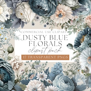 Dusty Blue Flower Clipart Pack, Blue Florals Pack, Transparent PNGs, Soft Blue Flowers Clip art, Watercolor Florals