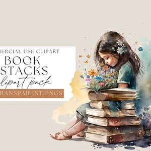 Bücherwurm Lesen Aquarell Clipart, Bücherstapel mit Blumen, Bücher Bundle PNG, Kinder lesen Bücher, Clipart für Reading Tracker oder Planner