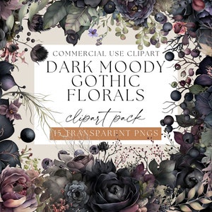 Dark Moody Gothic Flower Clipart Pack, Gothic Florals Pack, Transparent PNGs, Dark Flowers Clip art, Watercolor Florals