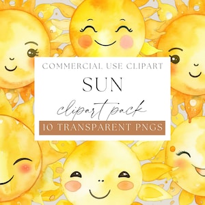 Sun with Face Clipart, Cute Sun Clip Art, Happy Sun, Smiling Sun Watercolour, Summer Clipart, Watercolor Clipart, Happy Sun Clipart, WPC-N09