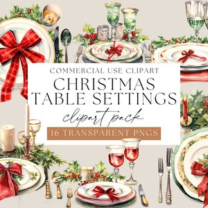 Configurações de mesa de Natal, decoração de Natal, clipart em aquarela, jantar de Natal, férias de inverno, férias de Natal, configuração de mesa, WPC-SE05