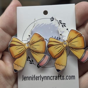 Acrylic Pencil Bow Earrings, Sterling Silver Hooks, Teacher Gift