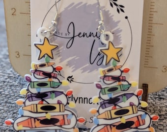 RESTOCKED! Crayon Christmas Tree Earrings: Acrylic on Sterling Silver, Teacher Gift