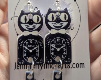 RESTOCKED! Kitty cat classic black cat clock earrings! Acrylic on sterling silver
