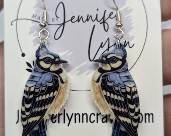 Pendientes de pájaro azul, arrendajo azul, acrílico sobre plata de ley