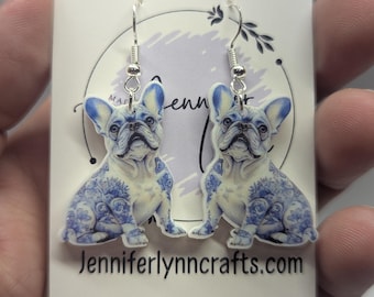 Frenchies! RESTOCKED !!French Bulldog earrings, blue floral patter, acyrlic and sterling silver, delft print