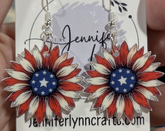 Patriotic 4th of July Earrings: USA Sunflower, stars and stripes, sterling silver