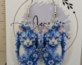Pendientes de gato floral azul, acrílico sobre plata de ley, delft