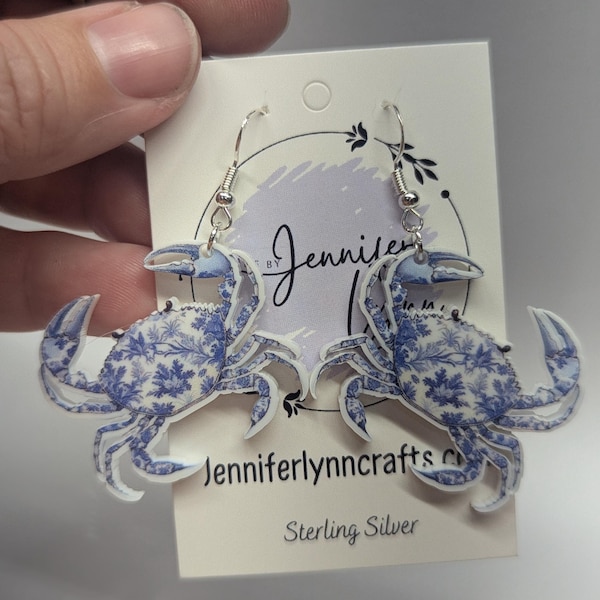 Blaue Krabbe Ohrringe, blaues florales Muster, Sterling Silber und Acryl, Delfter Druck
