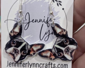 Pendientes de perro Boston Terrier, acrílico y plata de ley