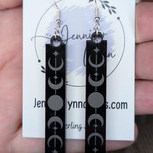 Black Engraved moon phase earrings, acrylic on sterling silver