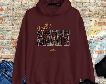 Roller Skate Hoodie for Women & Men | Skate Sweathshirt | Roller Skate Wordart Hoodie | Roller Skate Pull Over Hoodie