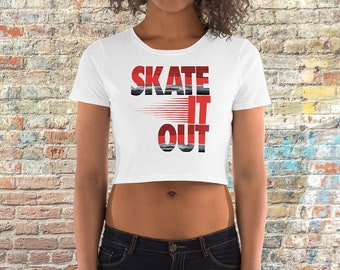 Skate It Out Women's Cropped Tee with Red and Stormy Gray Letters | Skate Cropped T Shirt