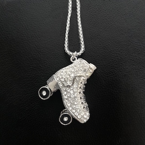Roller Skate Charm on a Stainless Steel Box Chain Necklace Sparkling Crystal Rhinestone Silver